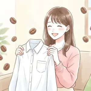 コーヒーを服にこぼした際の染み抜き応急処置にホッと安心する女性