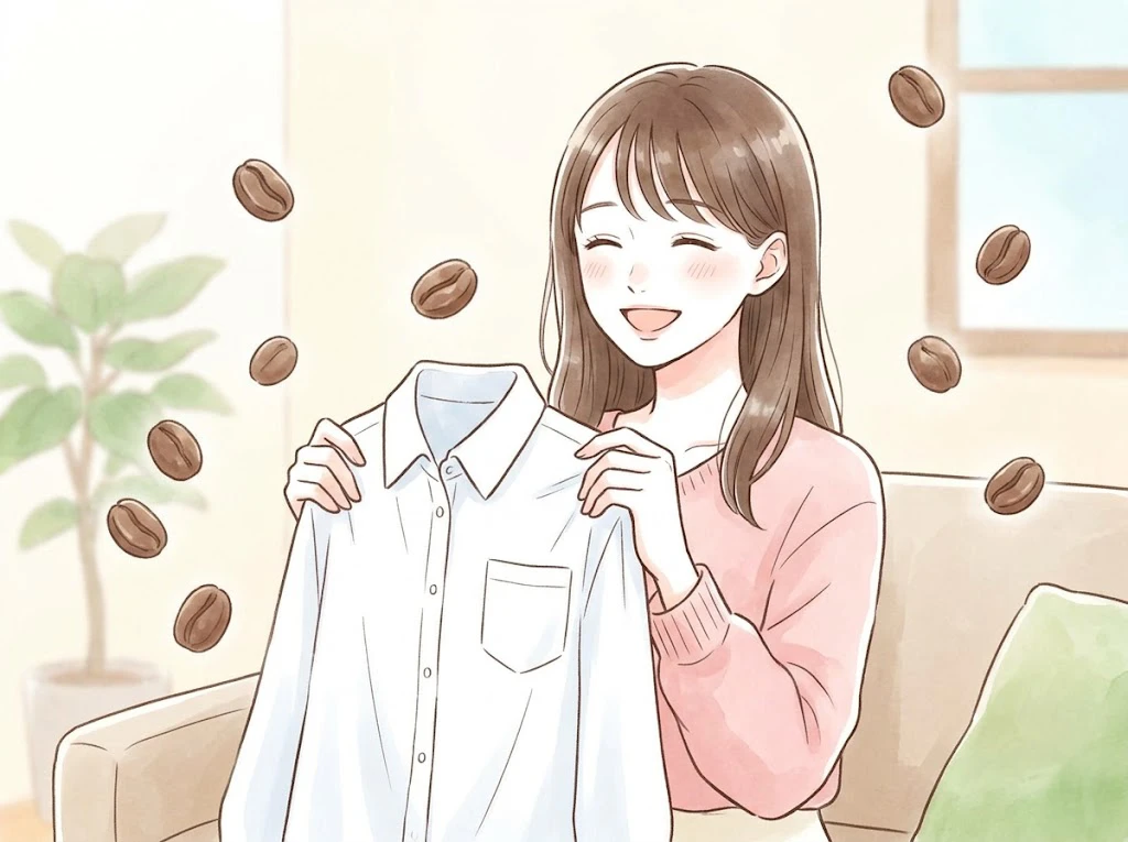 コーヒーを服にこぼした際の染み抜き応急処置にホッと安心する女性