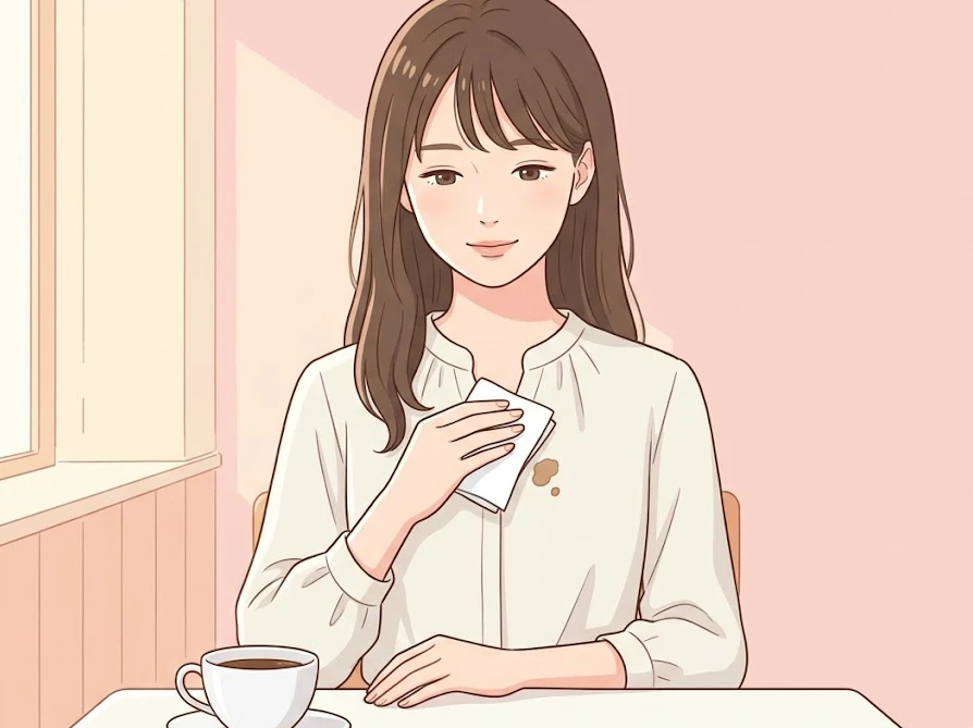 外出先でコーヒーのシミを見つけ、ティッシュで慌てず対処する女性