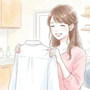 ハイターを使ったコーヒーの染み抜きで綺麗になった白いシャツを持つ笑顔の女性