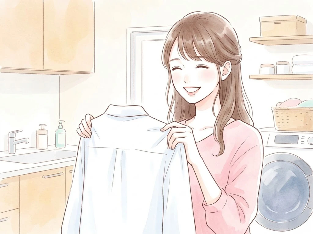 ハイターを使ったコーヒーの染み抜きで綺麗になった白いシャツを持つ笑顔の女性