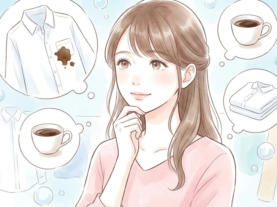 コーヒーのシミ汚れの性質とハイターを使った正しい落とし方を考える女性