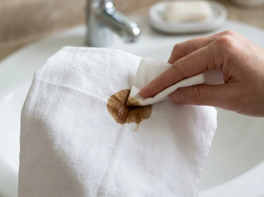 コーヒーをこぼした直後に水道のシンクでティッシュを使って吸い取る応急処置