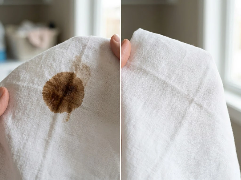 時間が経った頑固なコーヒーのシミをハイターで漂白する前と漂白した後の比較