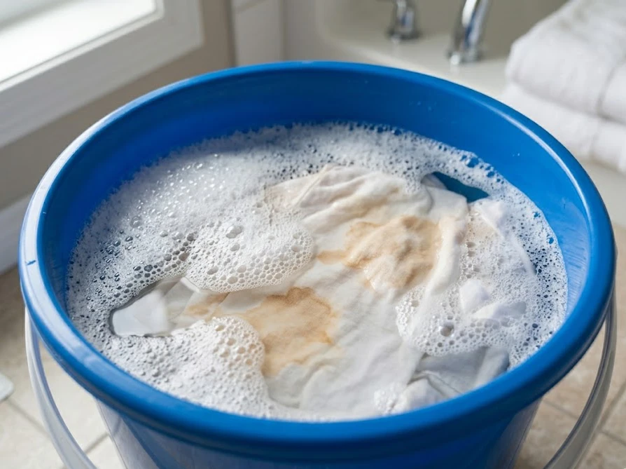 バケツの温水に粉末のワイドハイターを溶かして服をつけ置き洗いしている様子