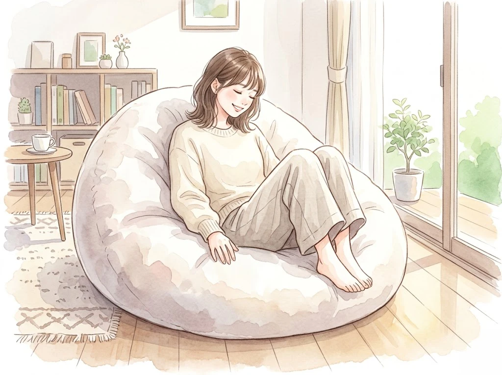 明るいリビングで大きなビーズクッションに座ってリラックスする笑顔の女性