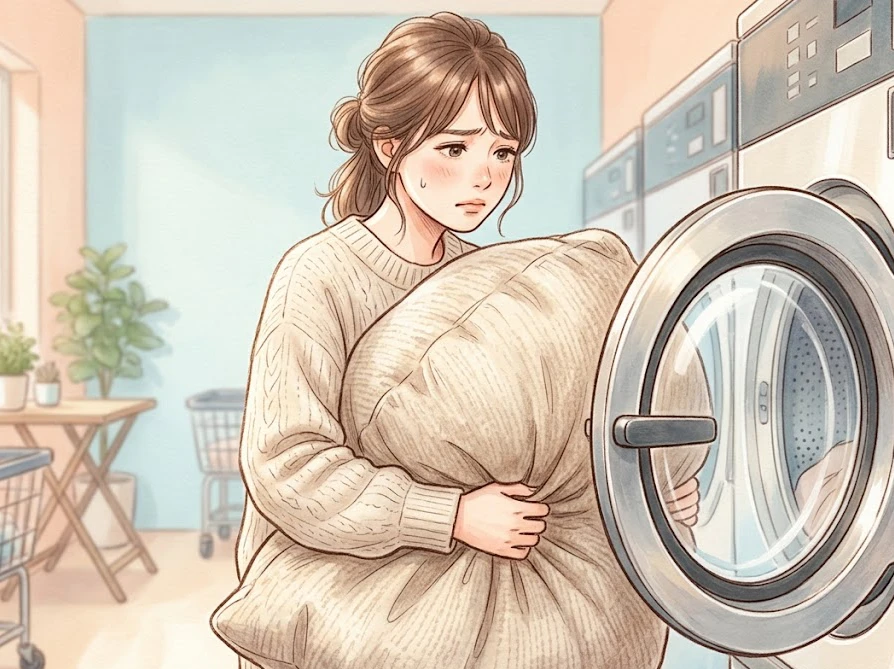 コインランドリーの大型洗濯機の前でビーズクッションを抱えて困った表情をする女性