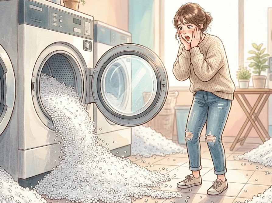 破裂して中身の極小ビーズが洗濯機から溢れ出しパニックになっている様子