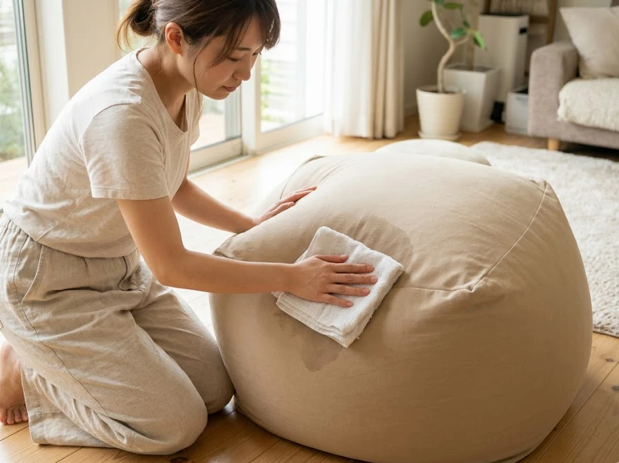 汚れたビーズクッションの本体を濡らしたタオルで優しく拭き取ってお手入れする女性