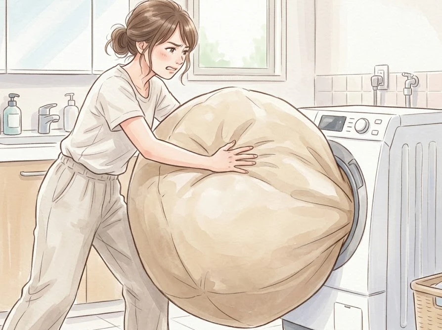 自宅の小さな家庭用洗濯機に無理やり大きなビーズクッションを押し込もうとする様子