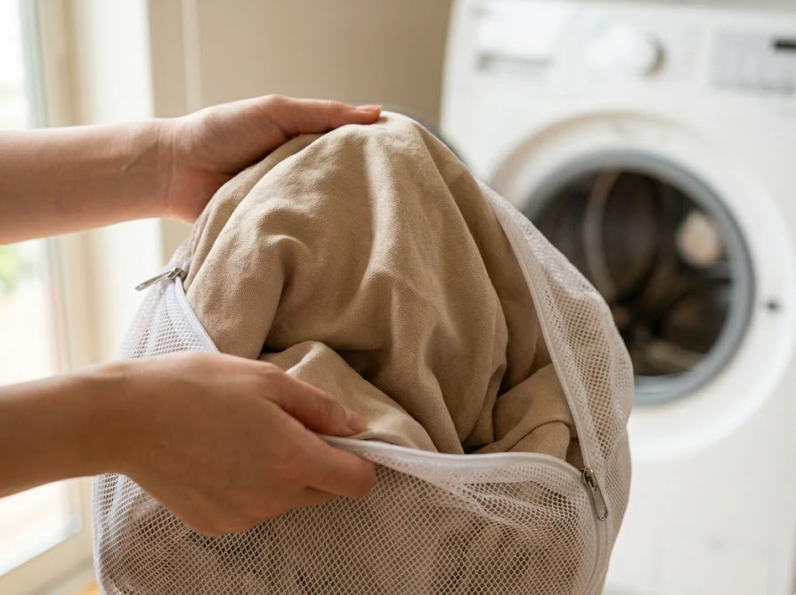 取り外したビーズクッションのカバーを白い洗濯ネットに入れて洗濯機で洗う準備