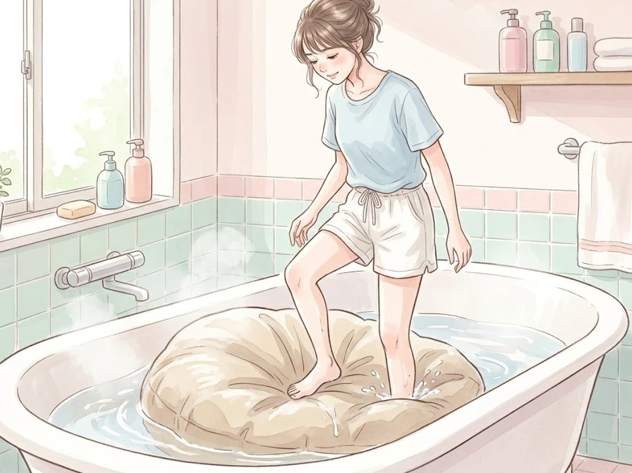 お風呂場の浴槽にぬるま湯を張りビーズクッションを足で優しく踏み洗いする女性