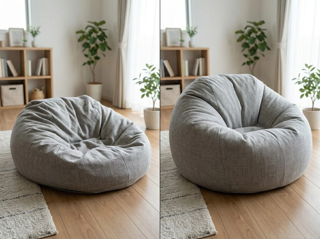 ヘタって潰れた状態からビーズを補充して新品のようにボリュームが復活したクッションの比較