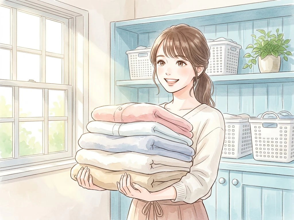 コインランドリーの低温乾燥で大切な衣類を優しくフワフワに乾かす女性