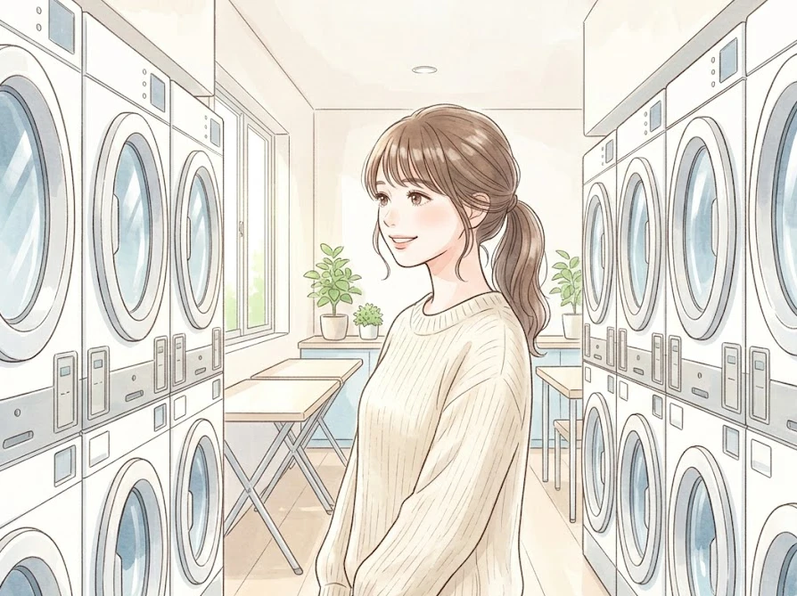 清潔で明るい最新のコインランドリー店内で乾燥機を選ぶ女性