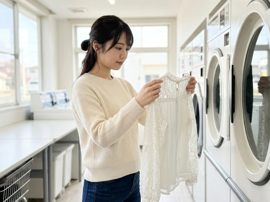 デリケートなブラウスを傷めないようコインランドリーで乾燥機を使う前に素材を確認する様子