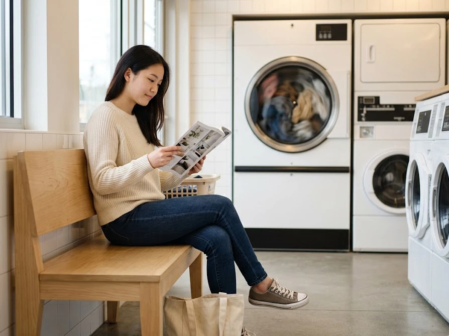 コインランドリーでの低温乾燥の待ち時間に店内のベンチでリラックスして過ごす女性