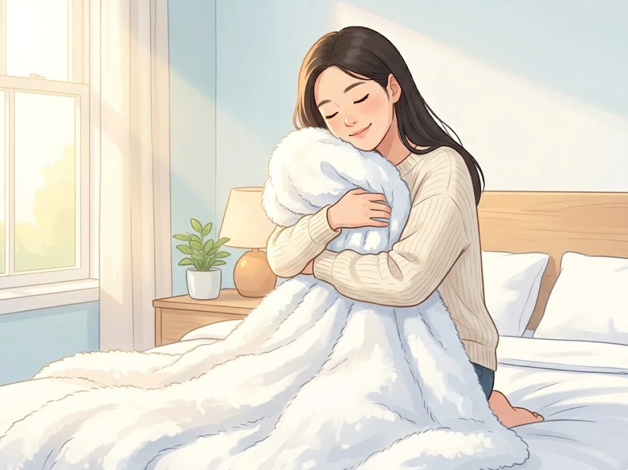 コインランドリーの乾燥機でダニ退治をしてフカフカになった毛布を抱える女性