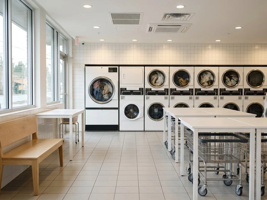 設備が新しくて清潔に保たれている最新のコインランドリー店内の様子