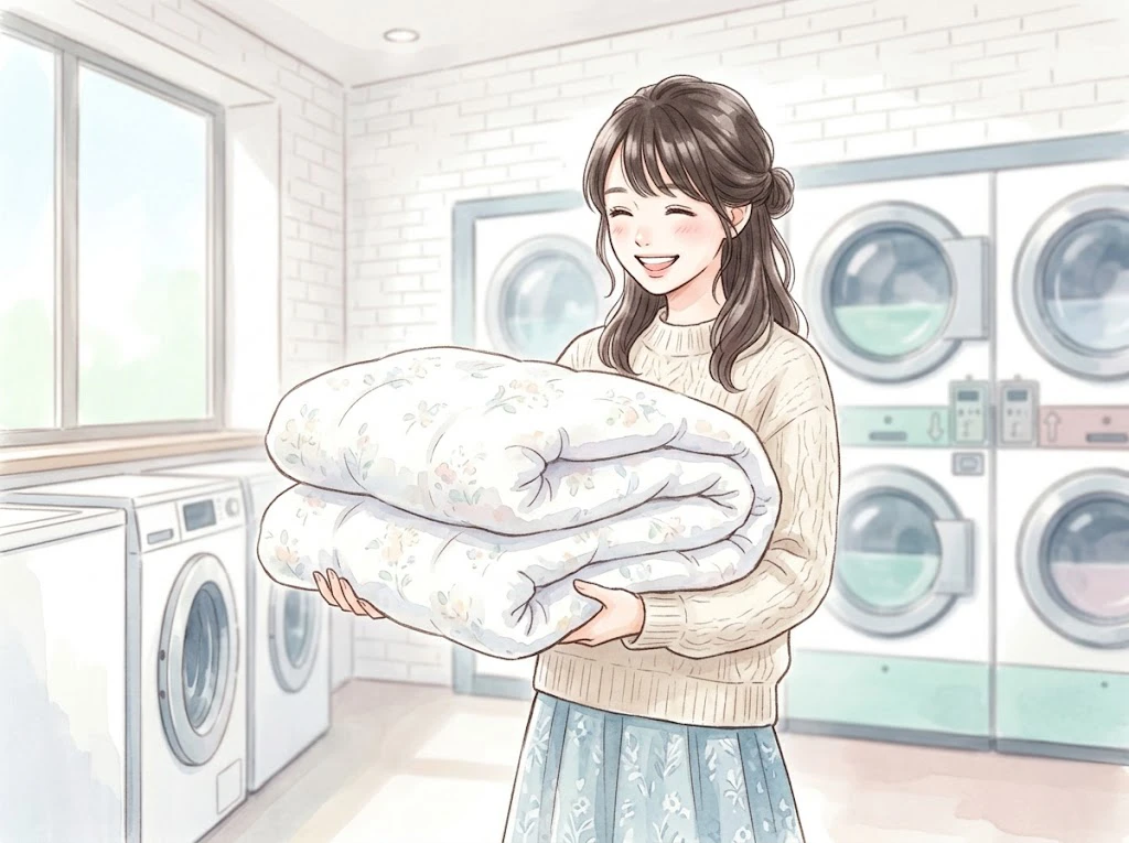 ふかふかのこたつ布団を持ち、コインランドリーで笑顔を見せる女性