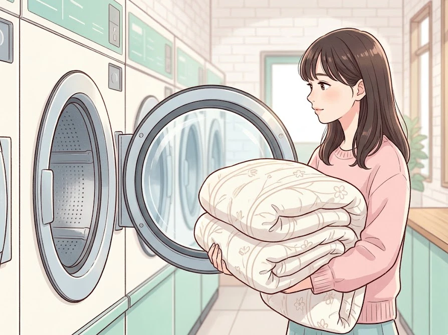 コインランドリーの大型洗濯乾燥機の前で、こたつ布団の適切な容量を考えている女性