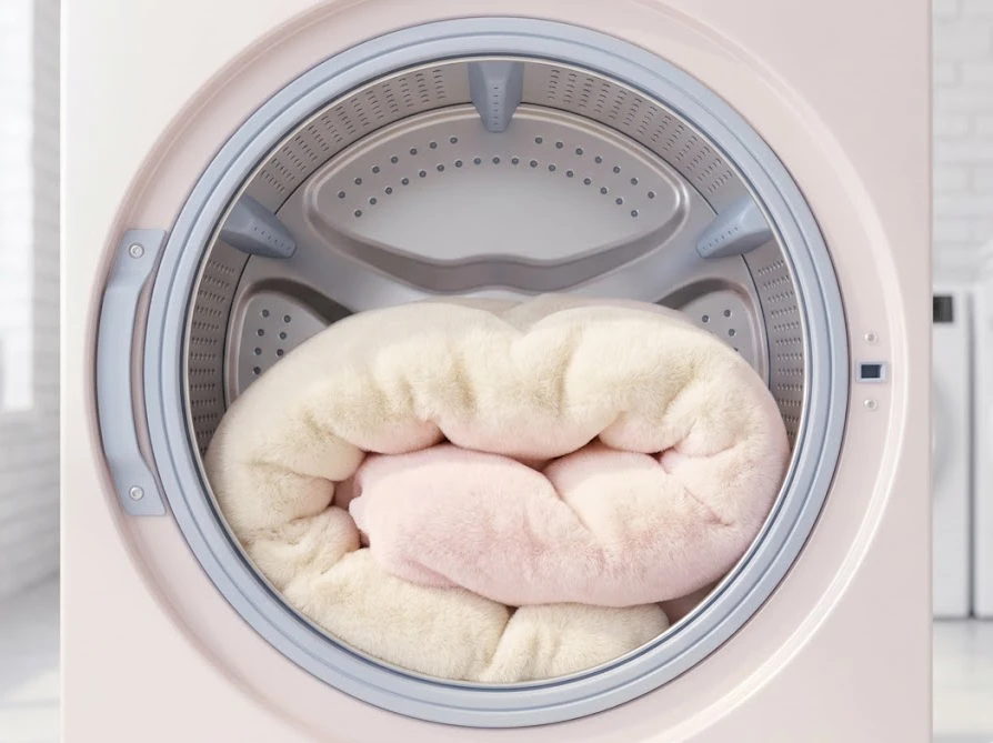 ドラム式洗濯機の中でこたつ布団が3分の2を占め、上部に十分な隙間がある状態