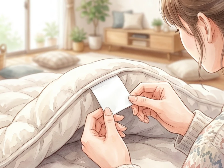 こたつ布団をコインランドリーで洗う前に、素材や洗濯表示のタグを確認する手元