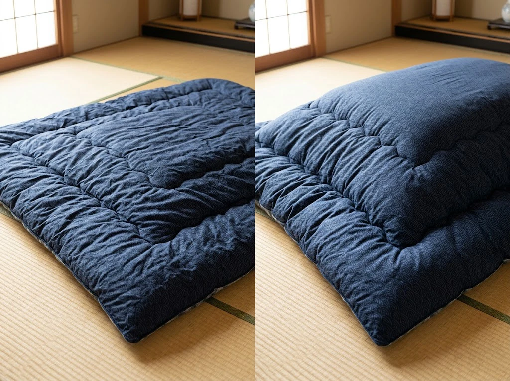 コインランドリーの乾燥機でダニ退治した後の、ふっくらと膨らんだこたつ布団の変化