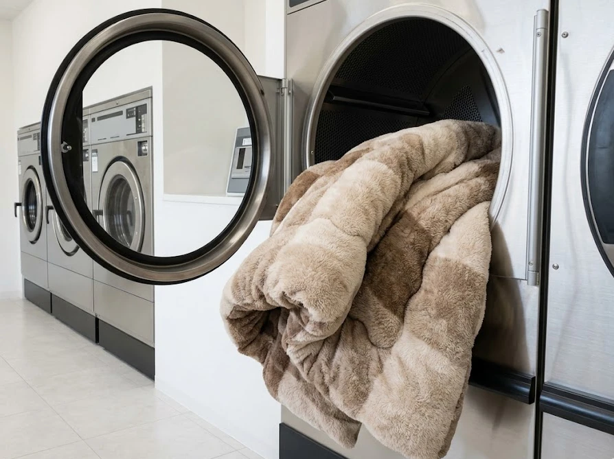 乾きムラを防ぐため、大型乾燥機の扉を開けて途中でこたつ布団をひっくり返す様子