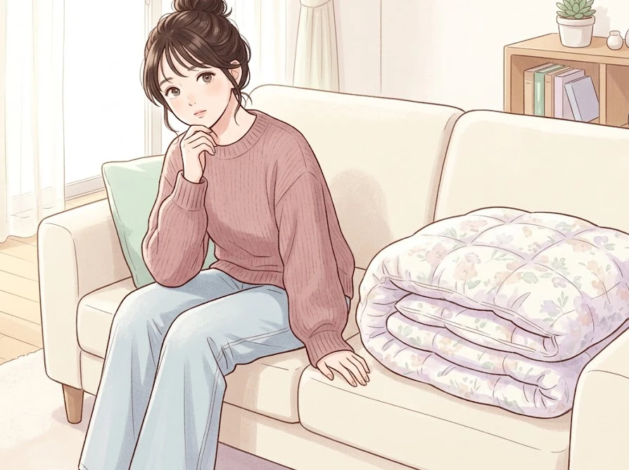 こたつ布団の洗濯や乾燥に関する疑問について、ソファで考えを巡らせる女性