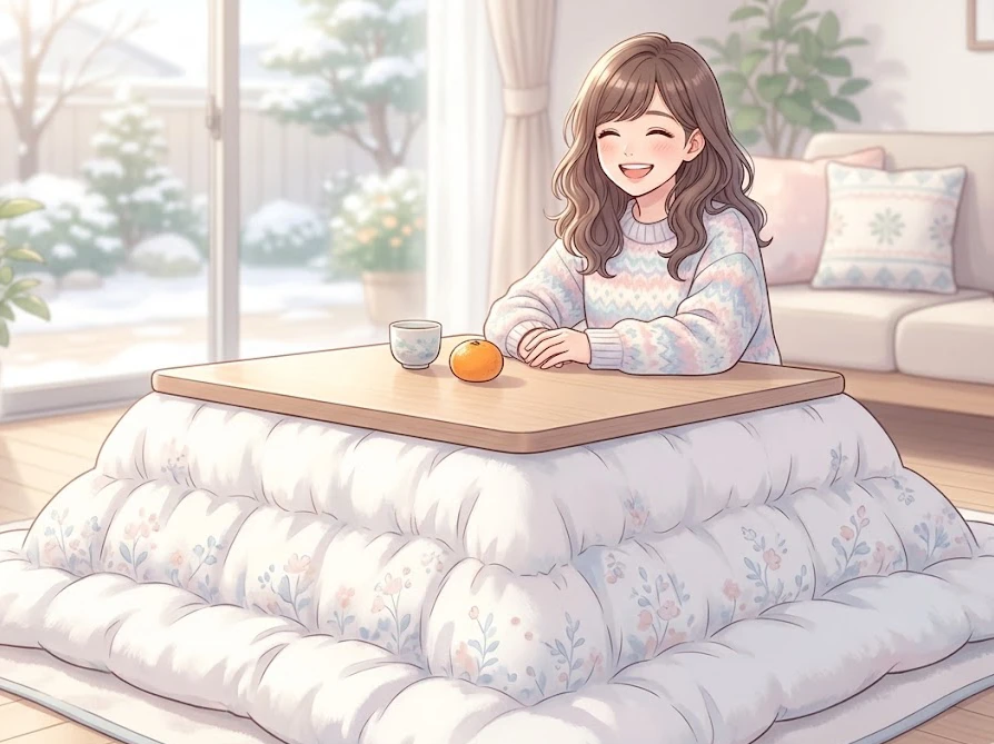 コインランドリーで清潔に洗ったふかふかのこたつ布団に入り、快適に過ごす女性