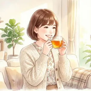 生乾き臭のない綺麗に洗われたコップで美味しそうにお茶を飲む笑顔の女性
