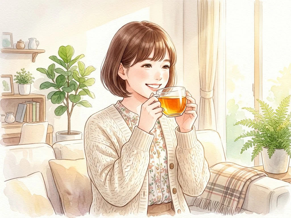 生乾き臭のない綺麗に洗われたコップで美味しそうにお茶を飲む笑顔の女性