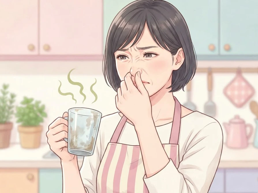 洗ったはずのコップから漂う不快な生乾き臭に顔をしかめて悩む女性