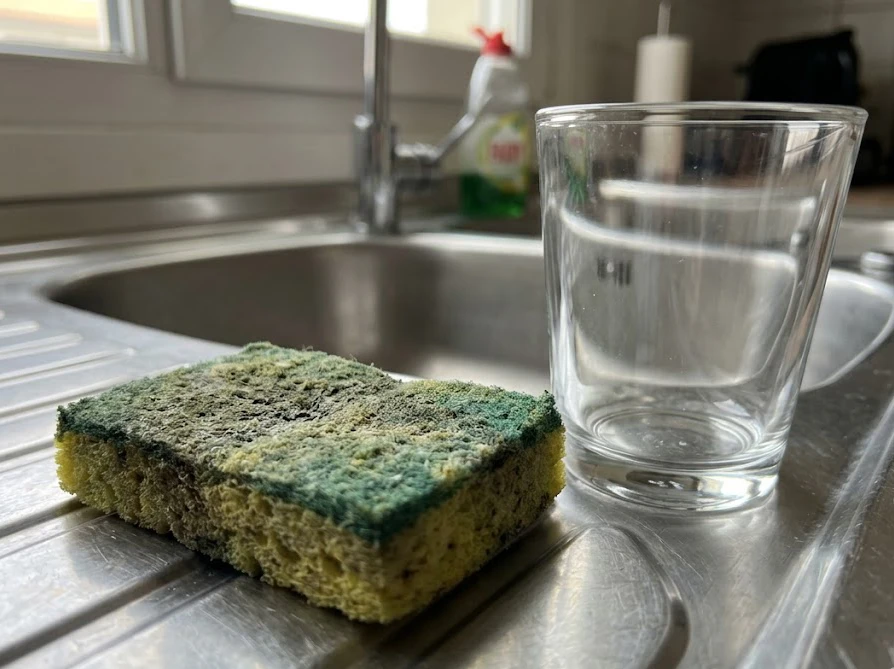 雑菌の繁殖原因となる汚れたキッチンスポンジとシンク内のグラス