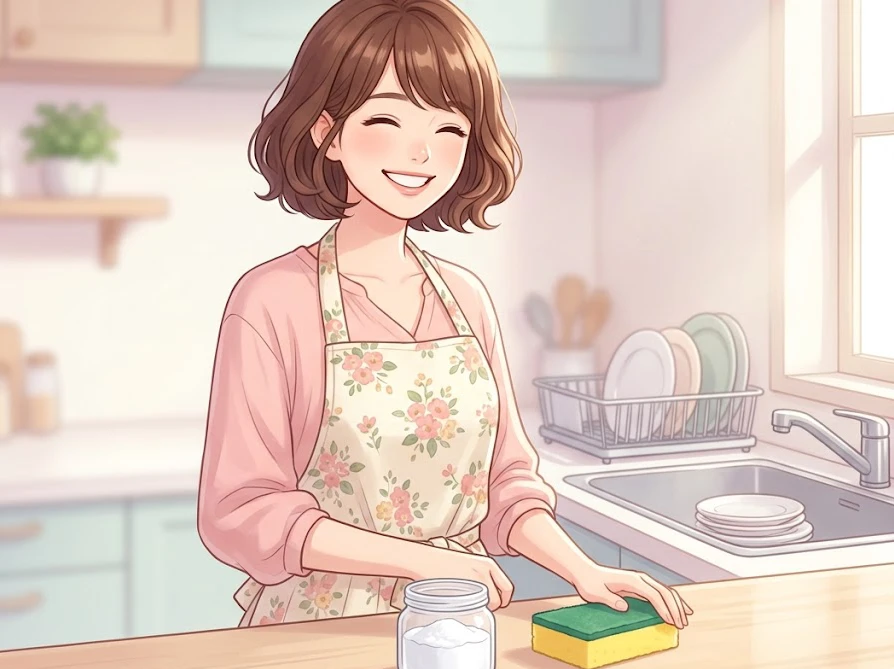 重曹や清潔なスポンジを用意して生乾き臭を防ぐコップ洗いの準備をする女性