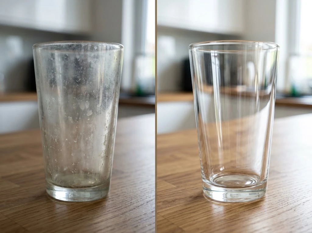 汚れでくすんだコップと、重曹を使ったつけ置き洗いでピカピカになったコップの比較