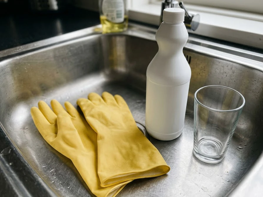 塩素系漂白剤を使う際の安全対策としてシンクに置かれたゴム手袋とボトル