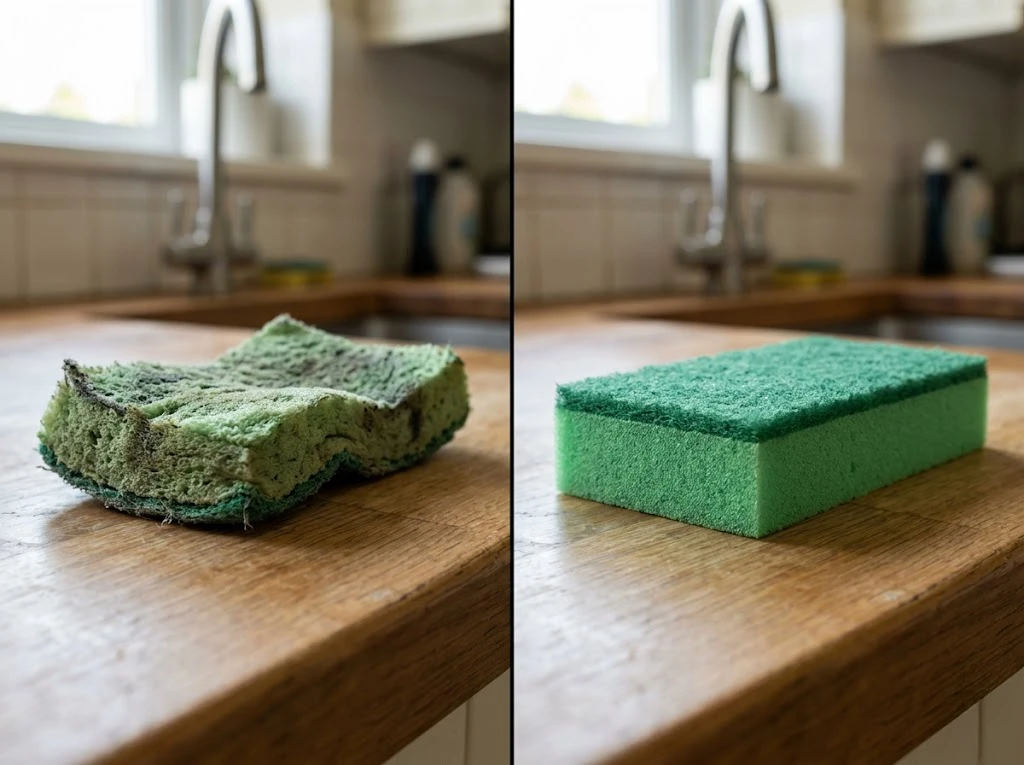 雑菌が繁殖して劣化した古いスポンジと、除菌済みの新しい衛生的なスポンジの比較