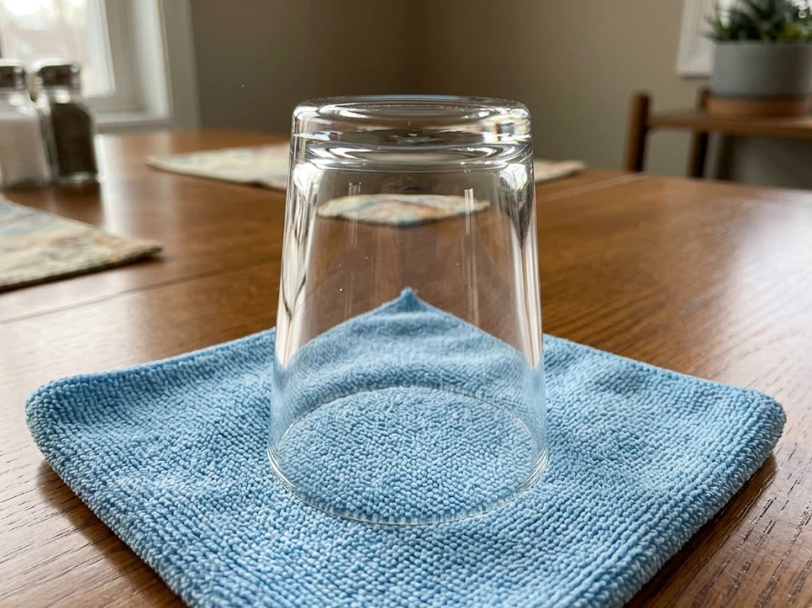 生乾き臭を防ぐため、清潔なクロスの上で上向きにしてしっかり乾燥させているコップ