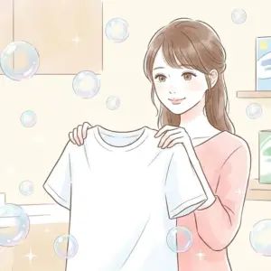 お気に入りの白い服についた頑固なカレーのシミを綺麗に落として笑顔になっている様子