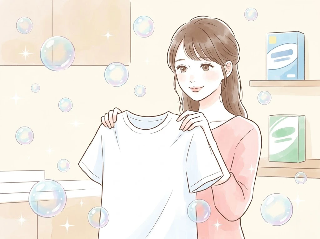 お気に入りの白い服についた頑固なカレーのシミを綺麗に落として笑顔になっている様子