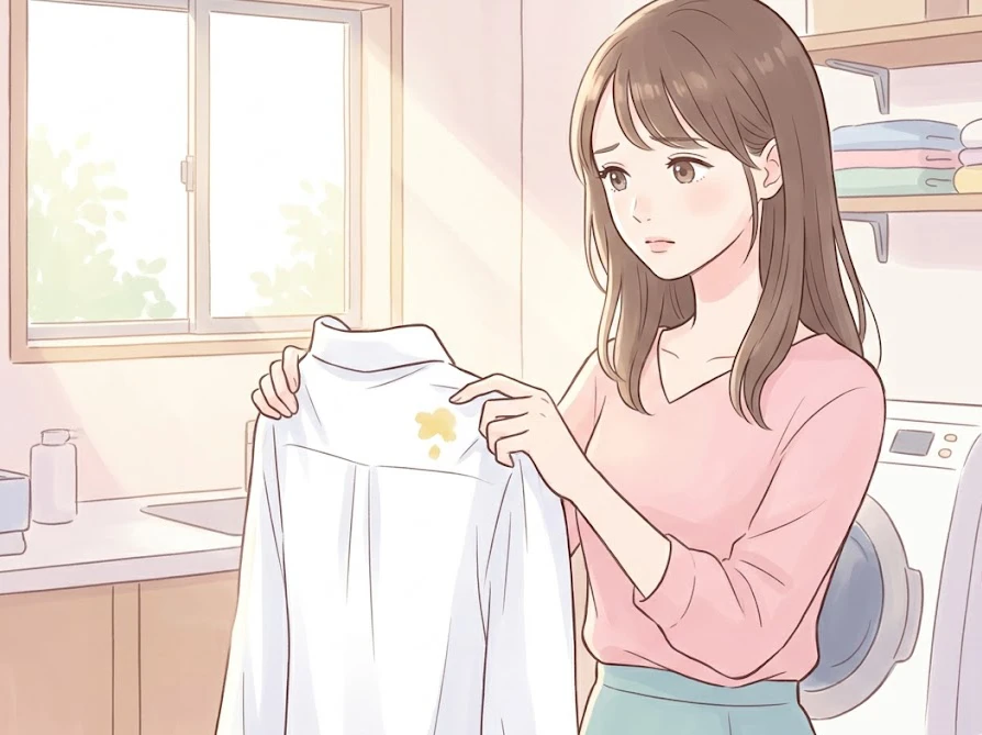 カレーの染み抜きに必要な道具を用意して、洋服のお手入れの準備をしている様子