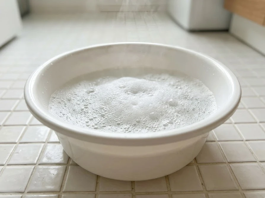 洗面器に40〜60度の温かいお湯を張り、洗剤をしっかりと溶かして泡立てている様子