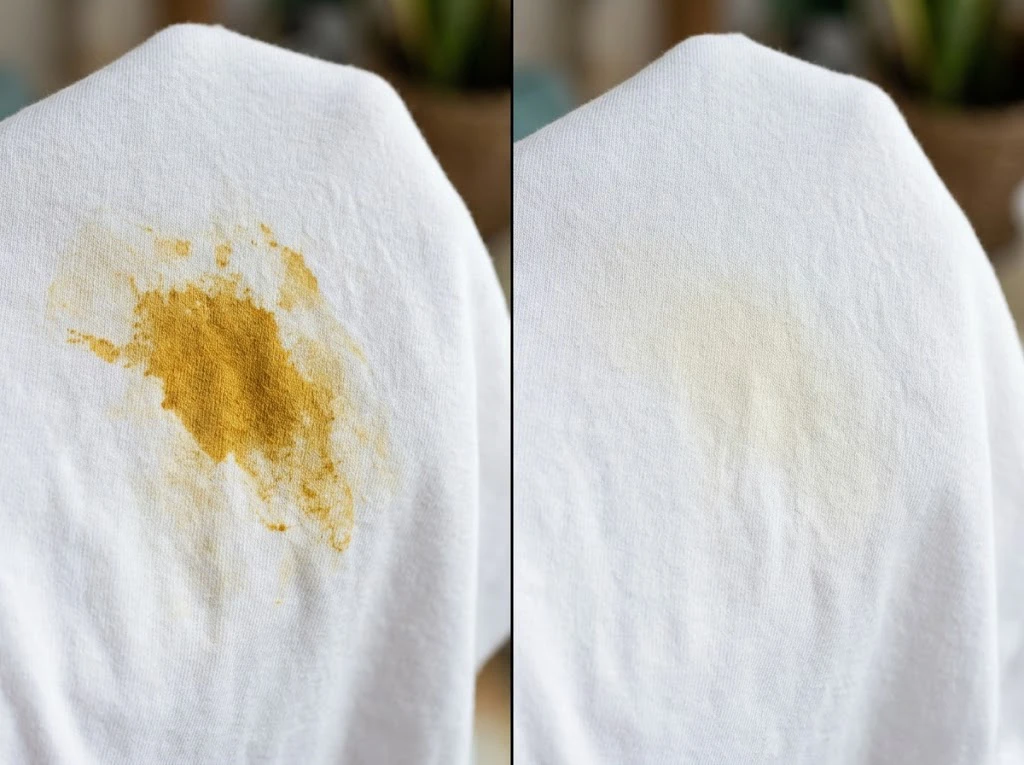 台所用洗剤でシミを叩いて、カレーの油分と色素が薄くなった状態のビフォーアフター