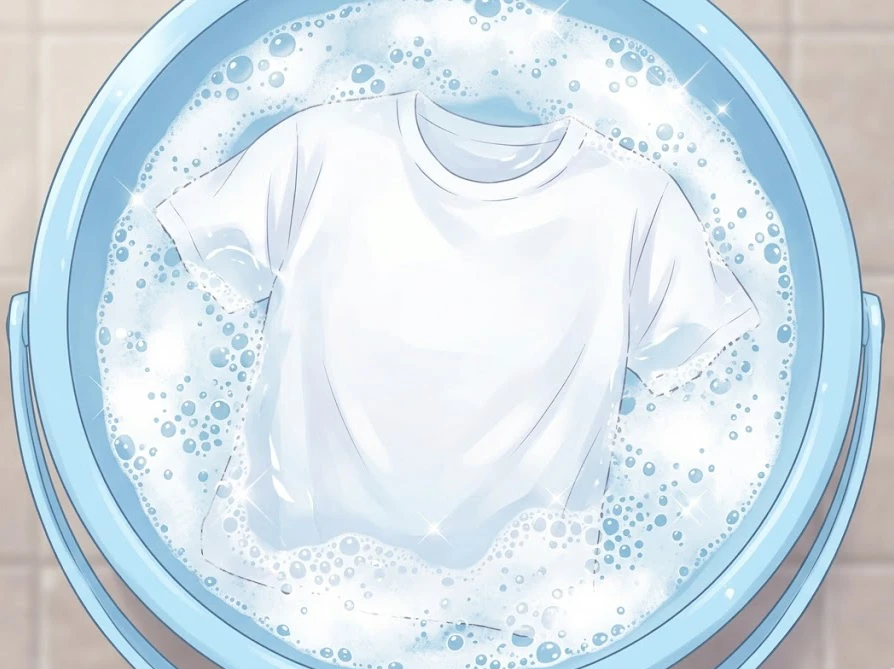 泡立ったオキシクリーンの液に衣類を浸して、カレーの色素を分解している様子