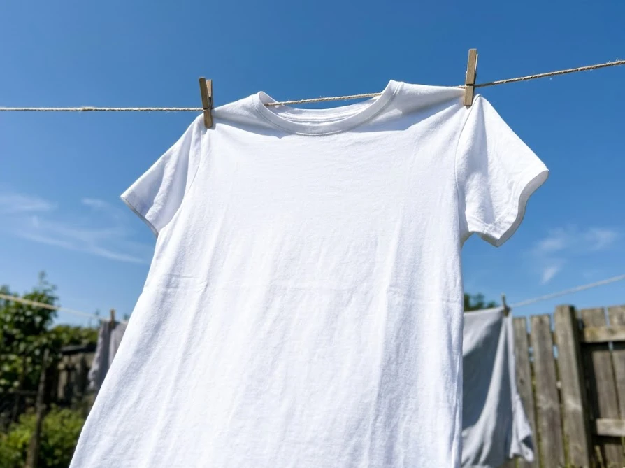 よく晴れた青空の下で、白いTシャツに直射日光を当てて紫外線の力で仕上げをしている様子