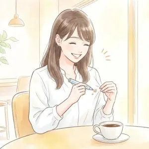 カフェで白い服のシミ汚れをケアして安心する女性
