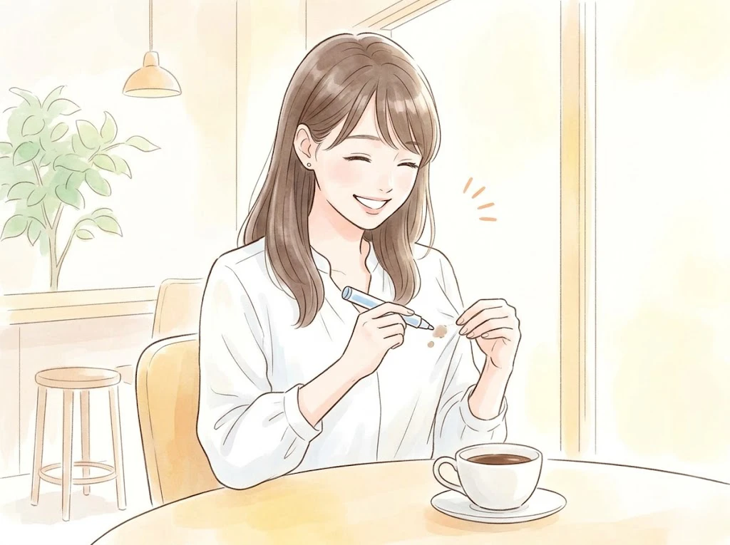 カフェで白い服のシミ汚れをケアして安心する女性