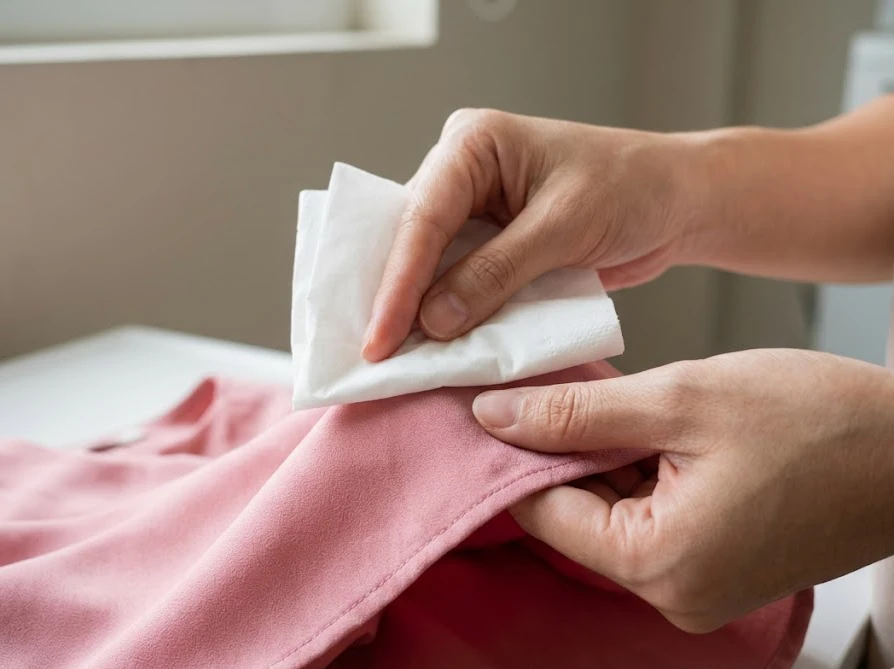 デリケートな洋服の裏地で色落ちテストをする様子